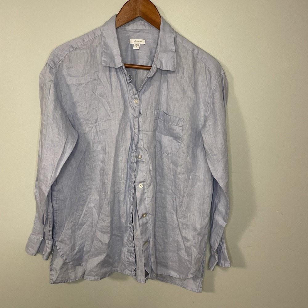 J Jill Love Linen Blue Button Down Shirt Size Petite Mp 100% Linen Coastal